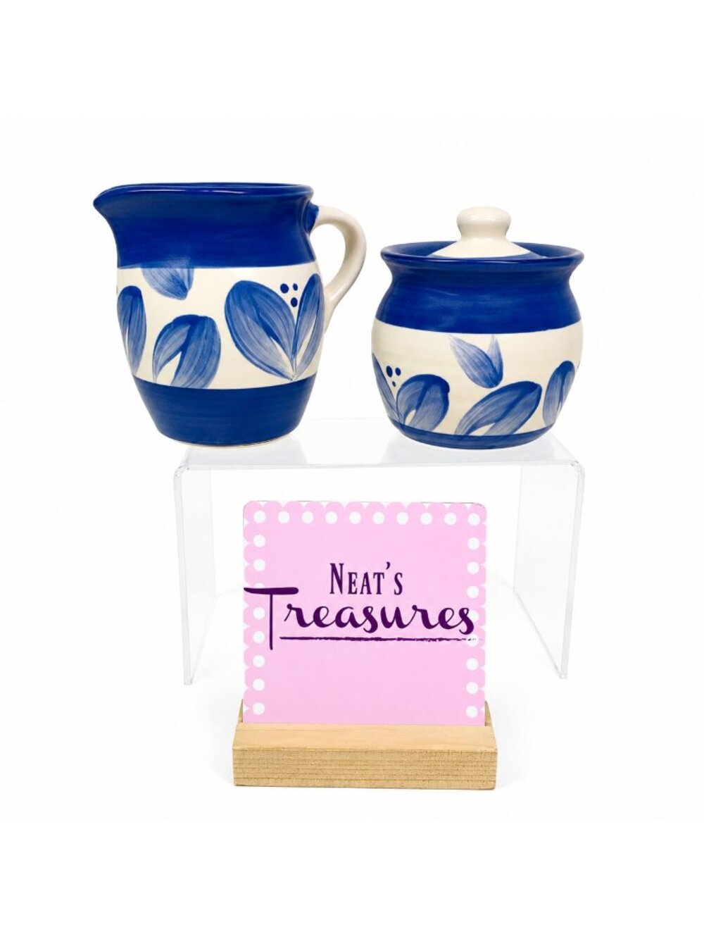 Pfaltzgraff VILLA FLORA Blue Leaf Flowers Band Stoneware Cream & Sugar Bowl Set
